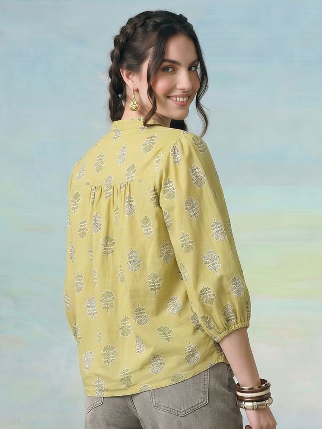 Janasya Lime Green Shirt Cotton Top - Dista