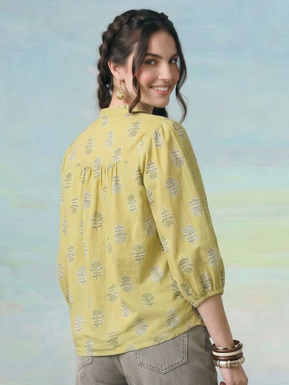Janasya Lime Green Shirt Cotton Top - Dista