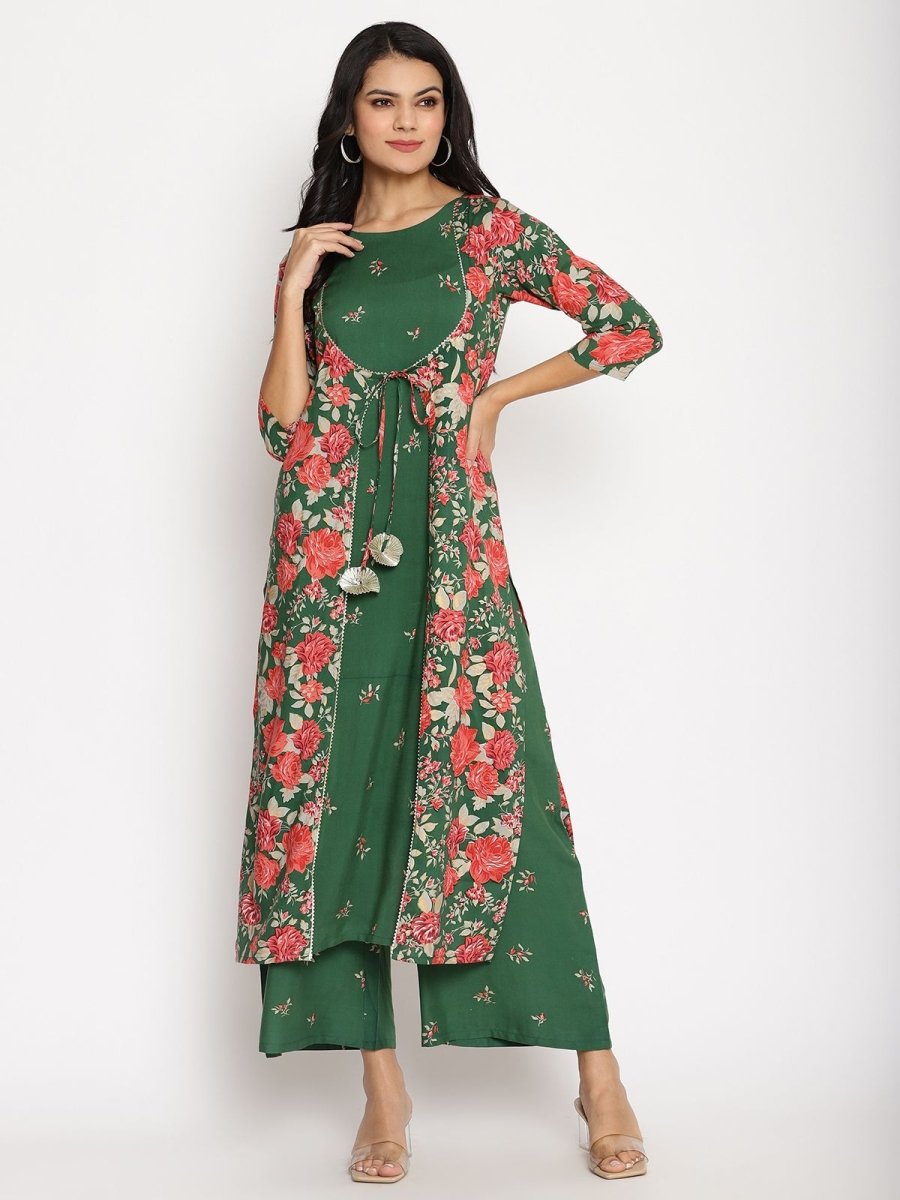 Ahalyaa Women's Green Rayon Printed Kurta Palazzo Set