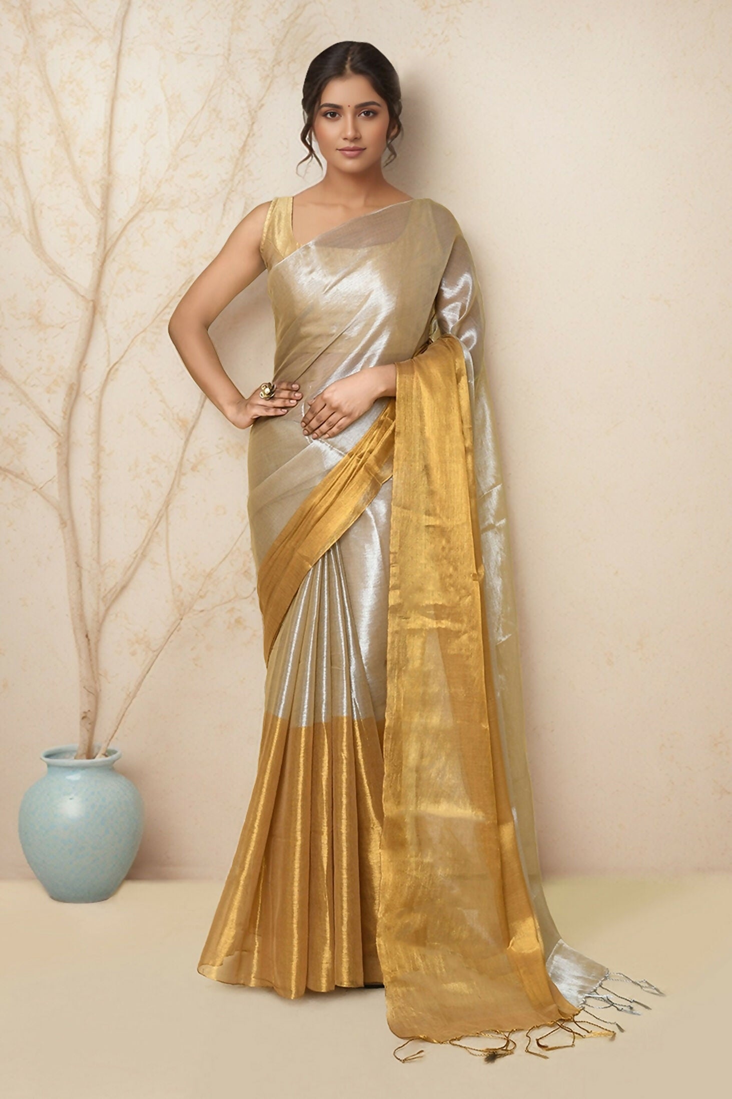Joban Fashion Light Beige Tissue Saree