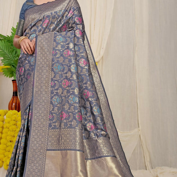 Jyoti Fashion Women's Grey Kanjivaram Silk Zari Woven Saree with Blouse - Distacart
