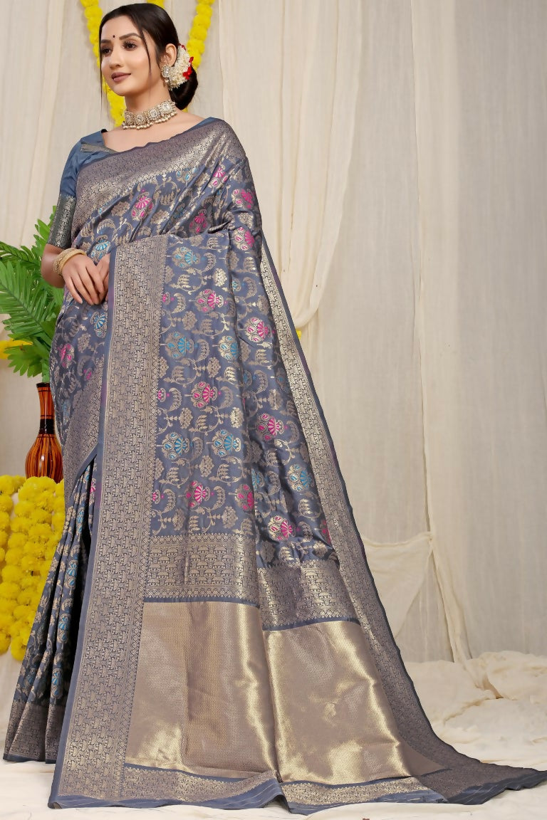 Jyoti Fashion Women's Grey Kanjivaram Silk Zari Woven Saree with Blouse - Distacart