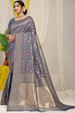 Thumbnail for Jyoti Fashion Women's Grey Kanjivaram Silk Zari Woven Saree with Blouse - Distacart