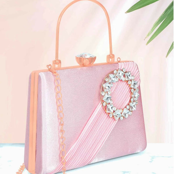 Joban Fashion Luxurious Satin Evening Clutch With Detachable Chain Strap - Baby Pink - Dista