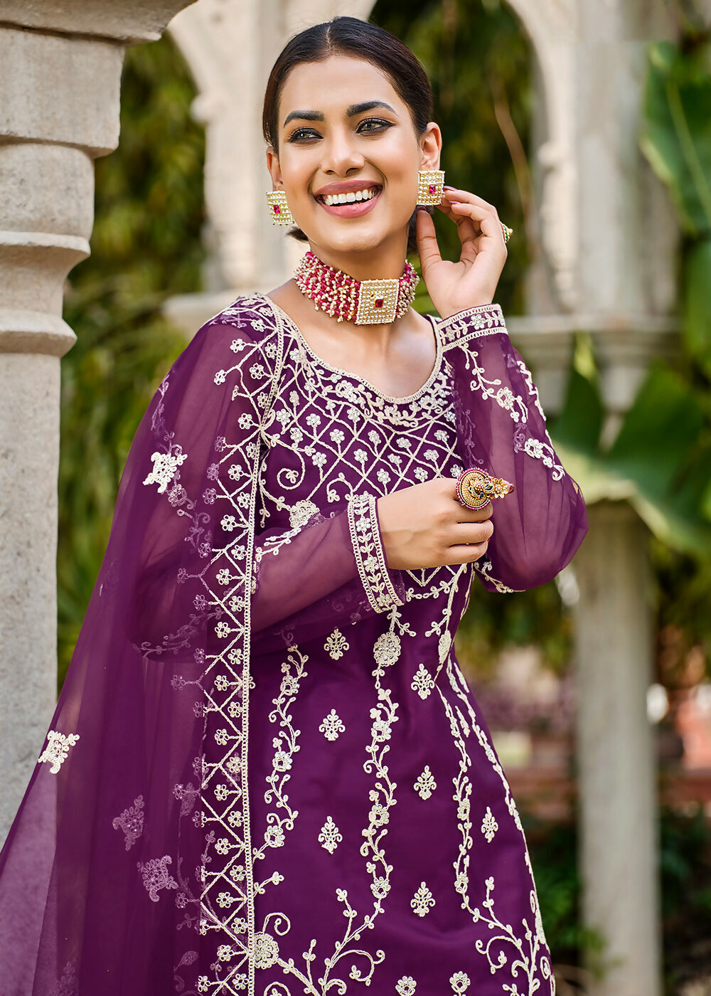 Violet Purple Stone & Cording Work Festive Palazzo Suit - Emponline - Distacart
