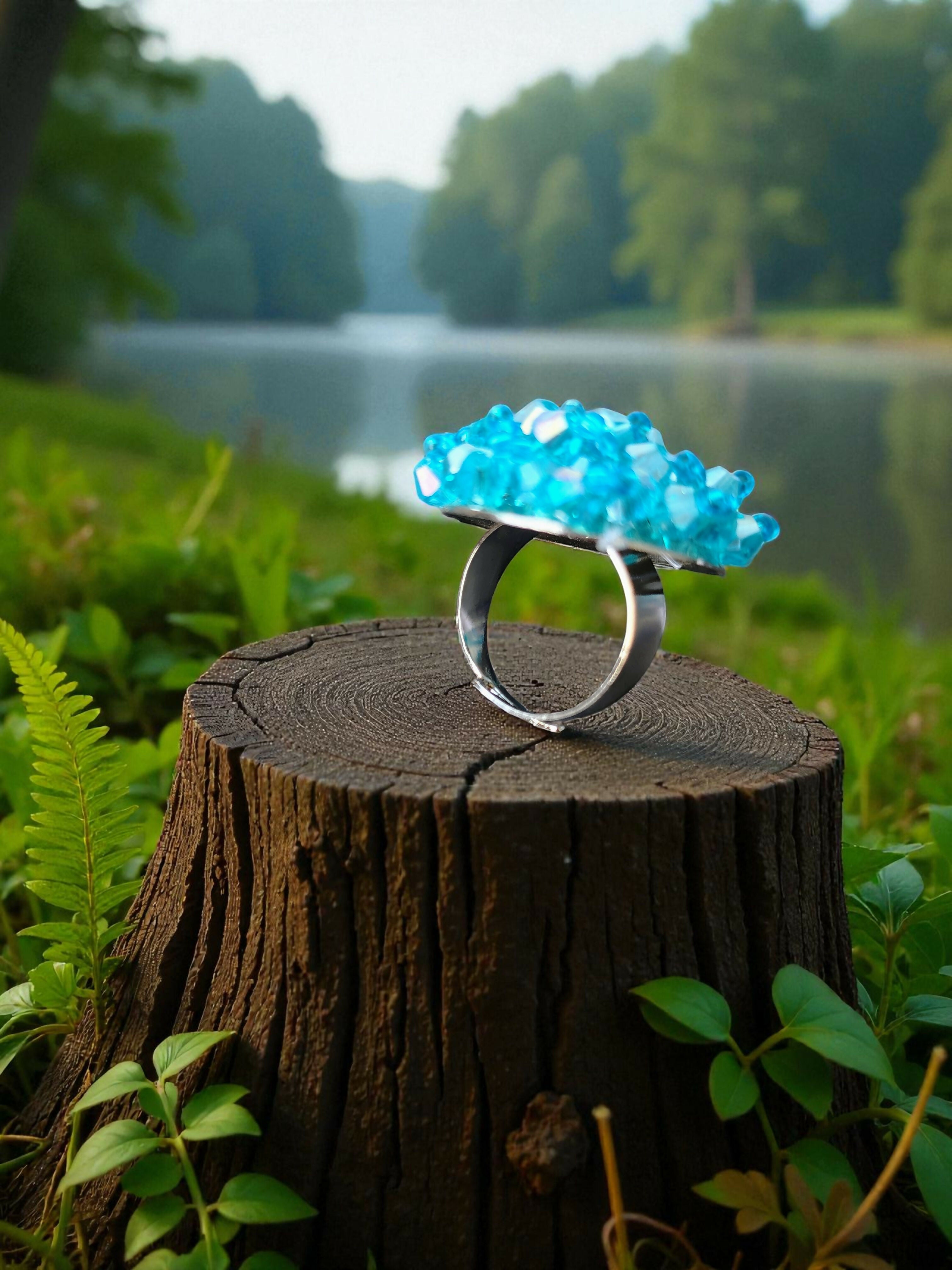 Inhanns Rang-E-Roshan Adjustable Ring – Handmade Crystal Statement Ring - Sky Blue Small - Distacart