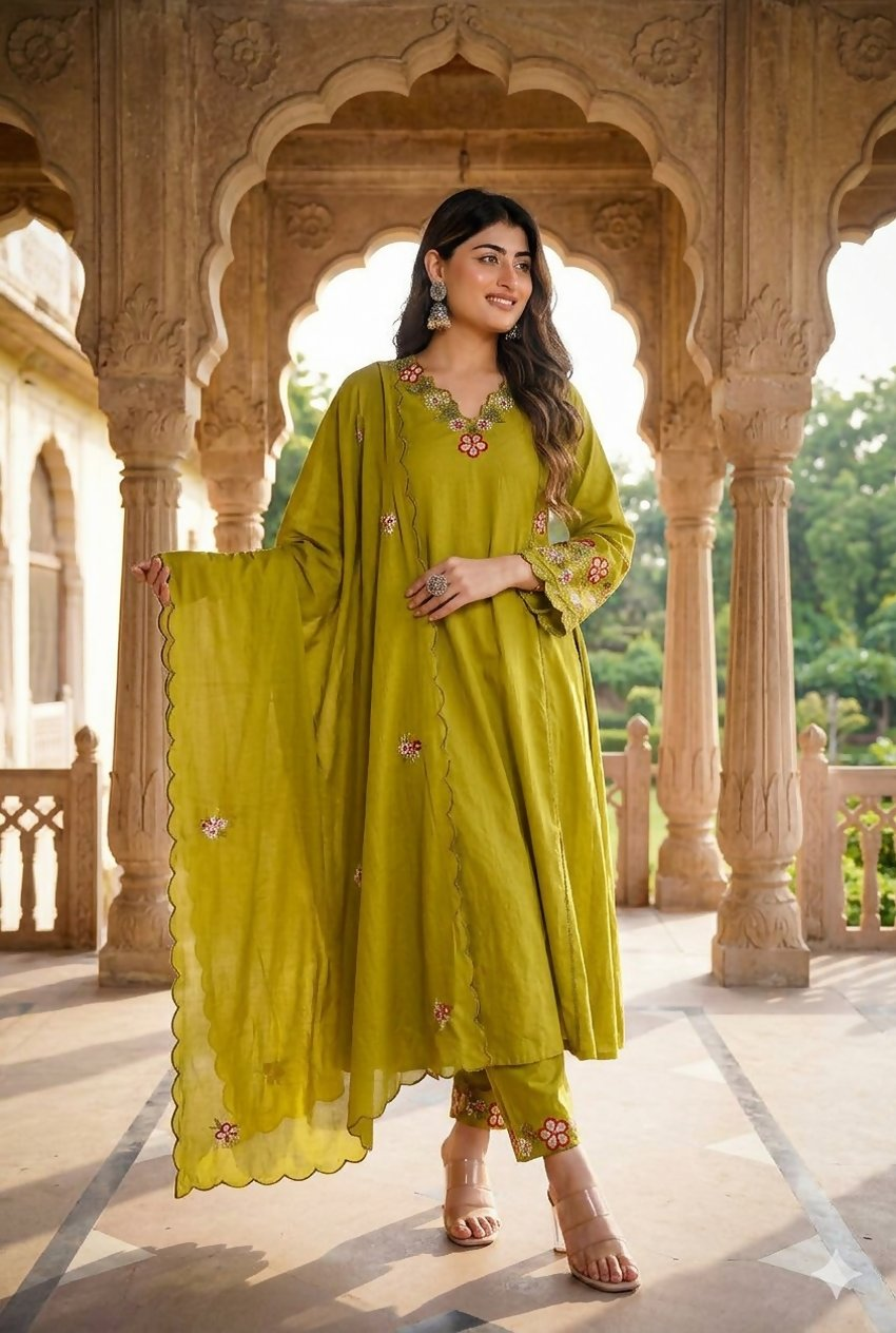 Teeya Creation Olive Green Embroidered Straight Suit Set With Dupatta - Dista