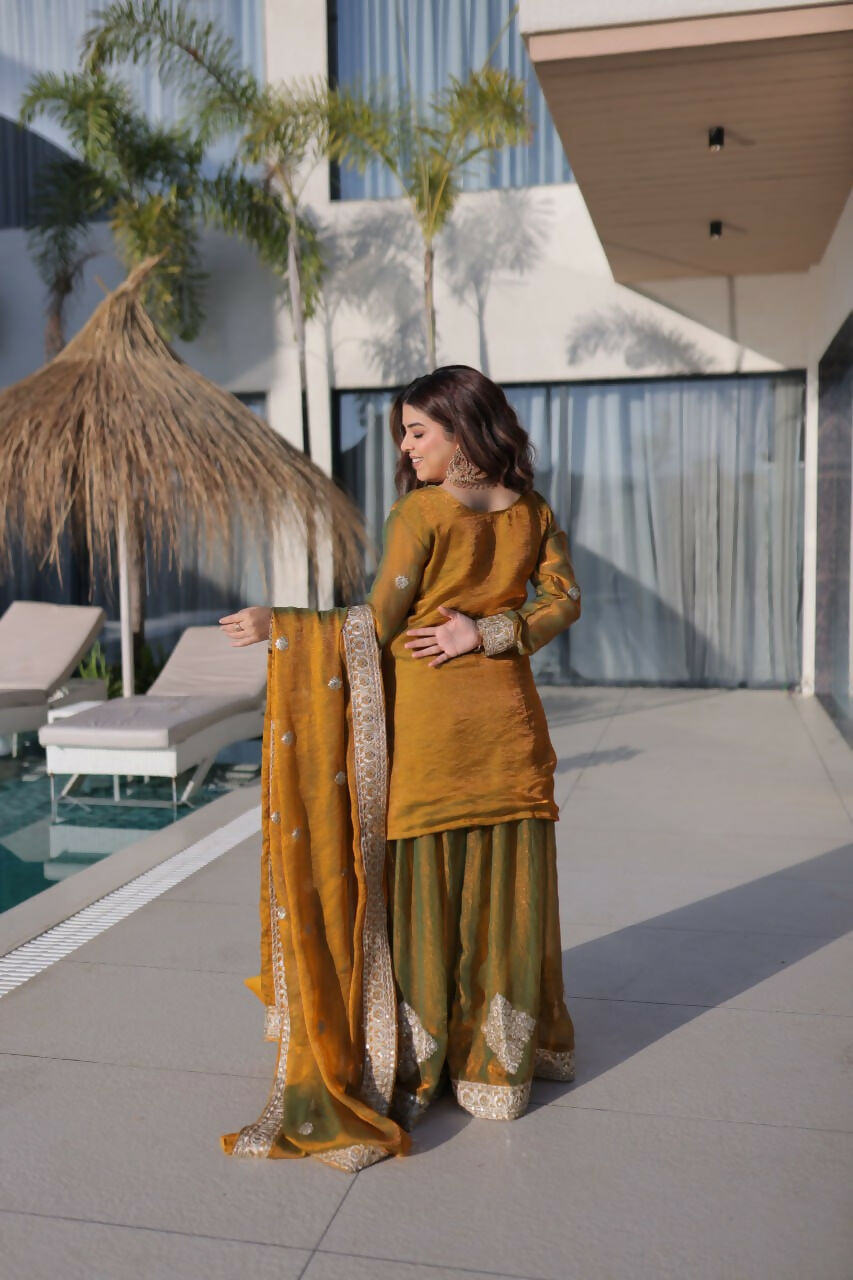 Teeya Creation Womens New Fendi Chiffon With Zari Sequins Coding Embroidered Work Kurta Set - Dista