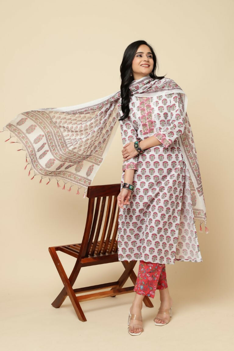 Designer Stylish Red Cotton Blend Stitched Suit With Dupatta - Tanisha - Distacart