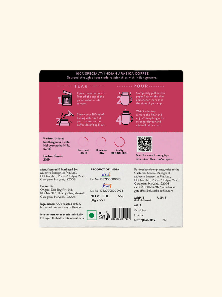 Blue Tokai Seethargundu Estate Light Roast Easy Pour Sachets - Distacart