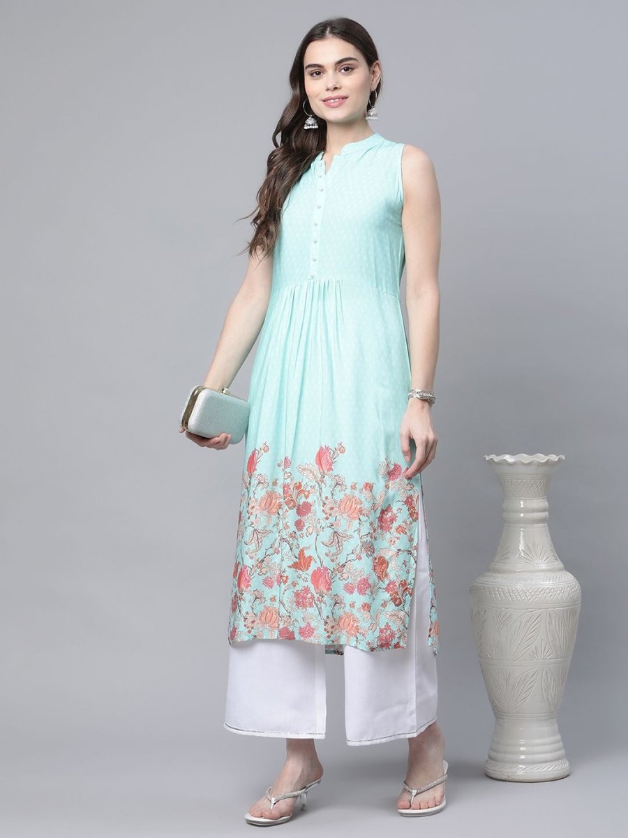 Ahalyaa Women's Sky Blue Rayon Printed Kurta Palazzo Set