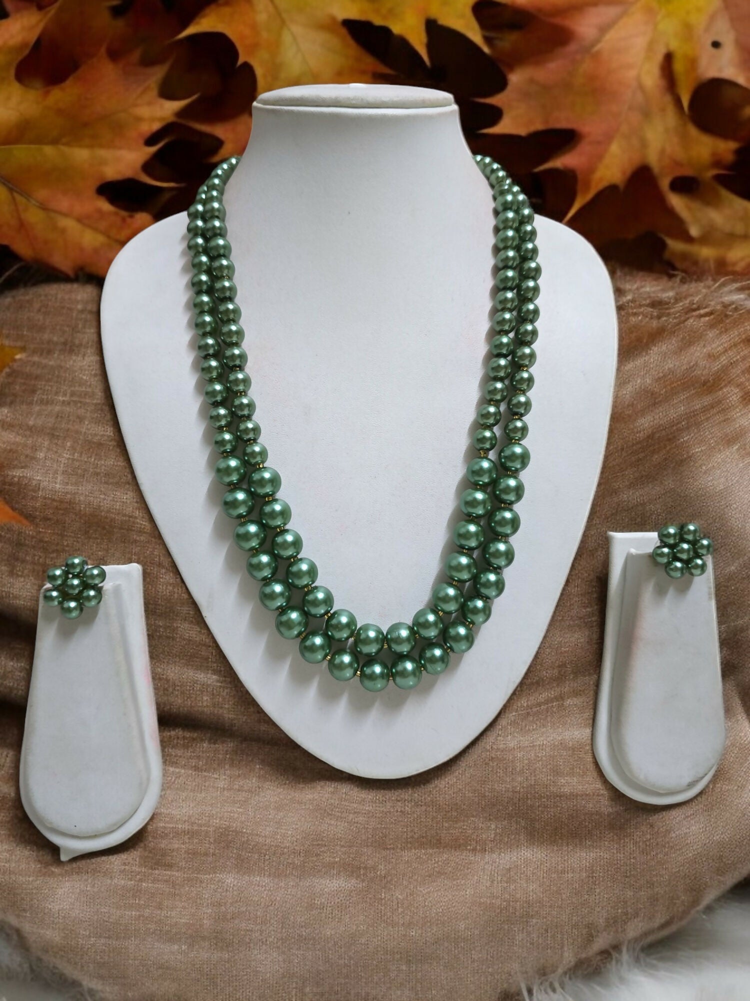 Inhanns Everyday Workwear Pearl Set (Double Layered Pearls) - Green - Distacart