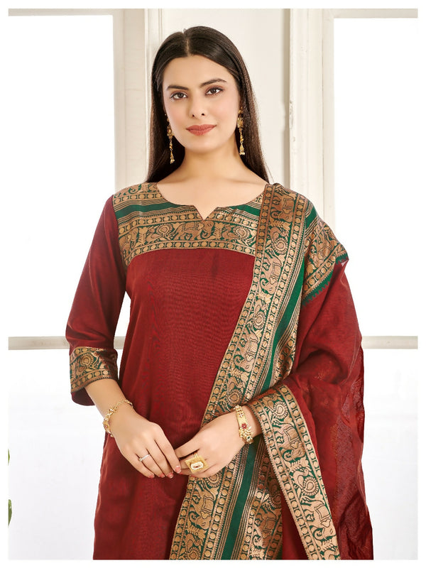 Divine Drape Women's Cotton Printed Straight Kurta With Dupatta - Maroon