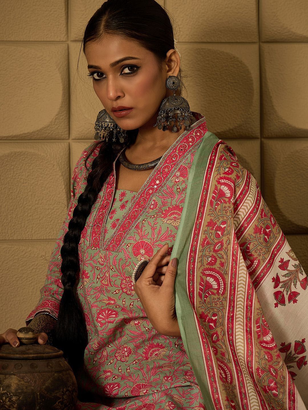 Indo Era Floral Printed Pure Cotton Straight Kurta with Salwar & Dupatta - Distacart