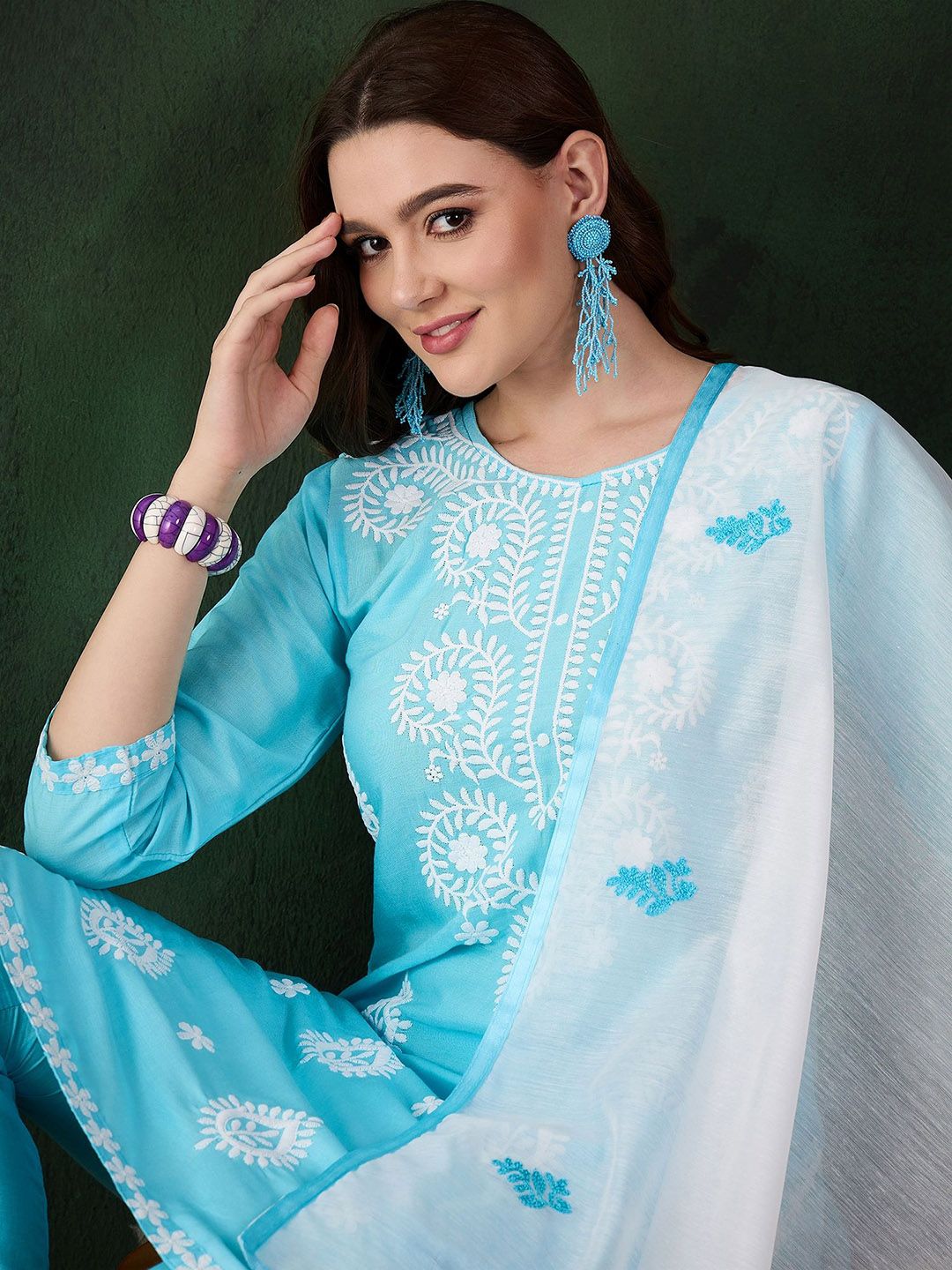 Sangria Blue and White Ethnic Motifs Embroidered Thread Work Pure Cotton Kurta Set - Distacart