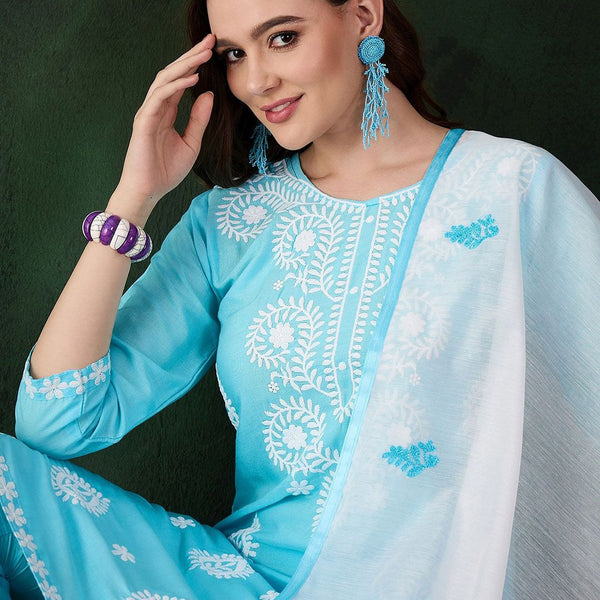 Sangria Blue and White Ethnic Motifs Embroidered Thread Work Pure Cotton Kurta Set - Distacart