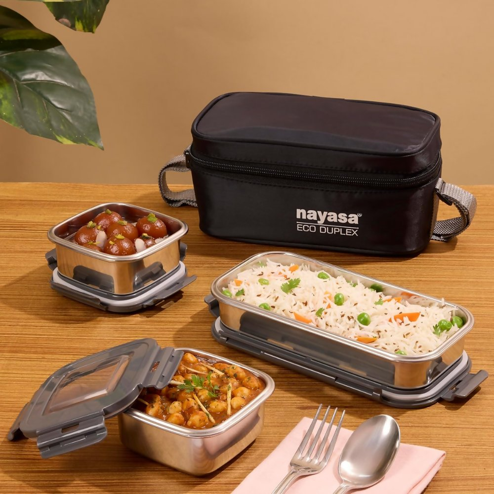 Nayasa Eco Duplex 3 Stainless Steel Office Lunch Box Set with Soft Insulated Bag - Dista