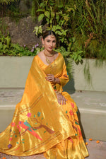 Thumbnail for Jyoti Fashion Women's Yellow Paithani Silk Zari Woven Saree with Blouse - Distacart