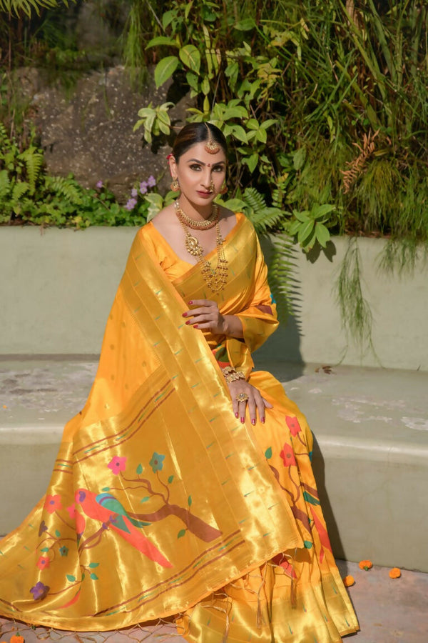 Jyoti Fashion Women's Yellow Paithani Silk Zari Woven Saree with Blouse - Distacart