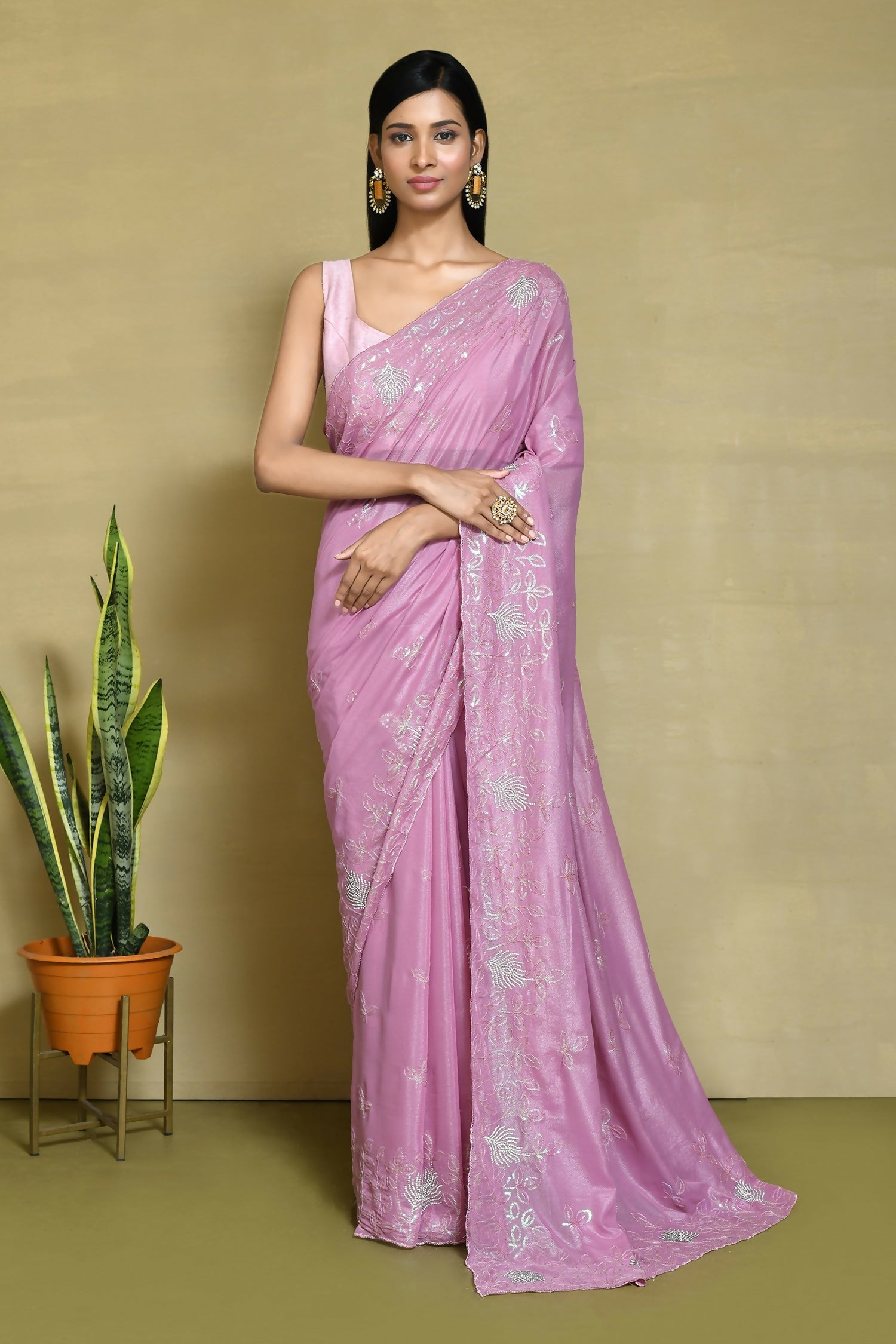 Pink Crepe Silk Sequence Embroidered with Stone work Saree - Nimaya Benzy - Distacart