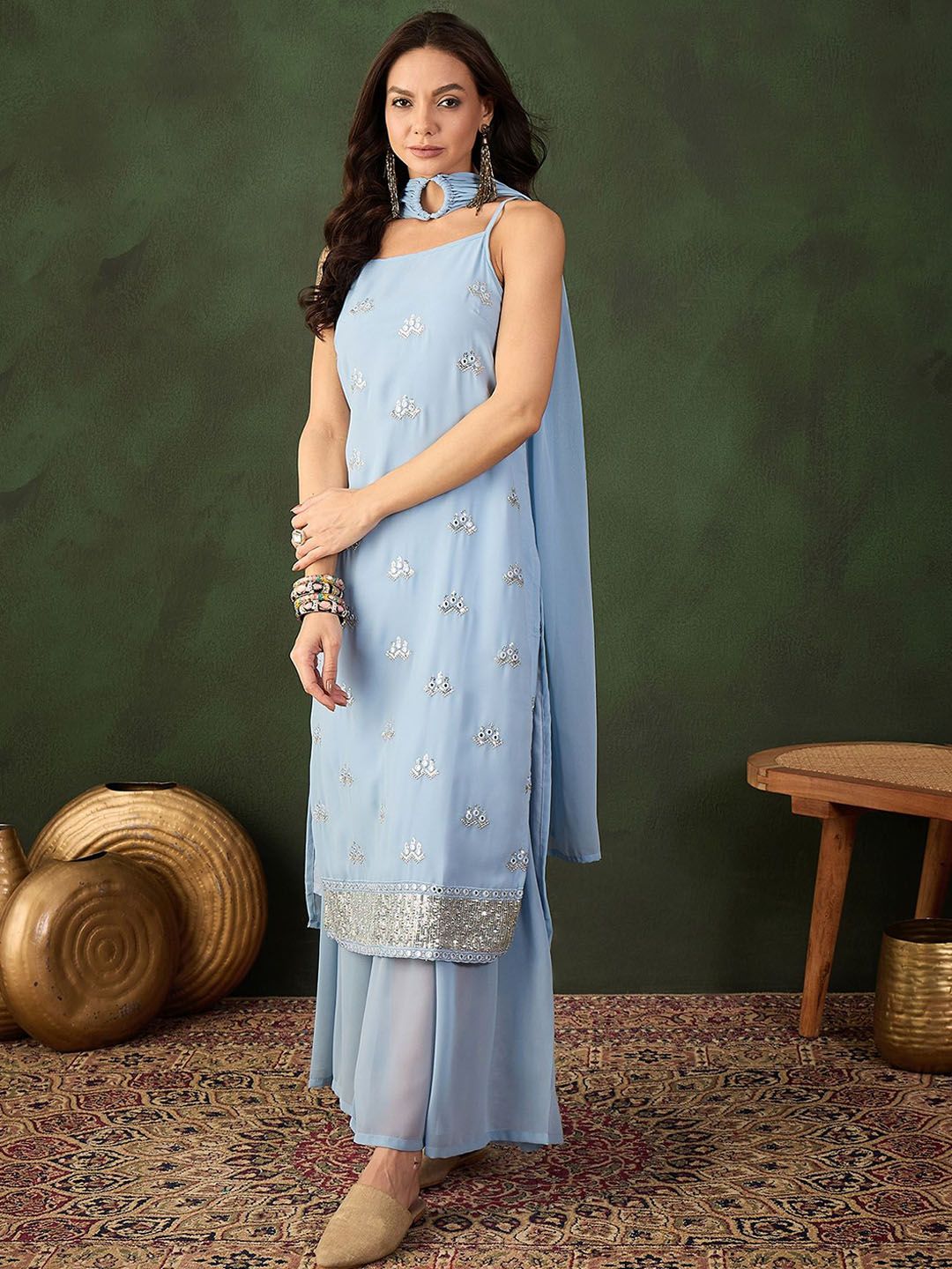 Sangria Sequined Straight Kurta & Sharara With Dupatta - Distacart