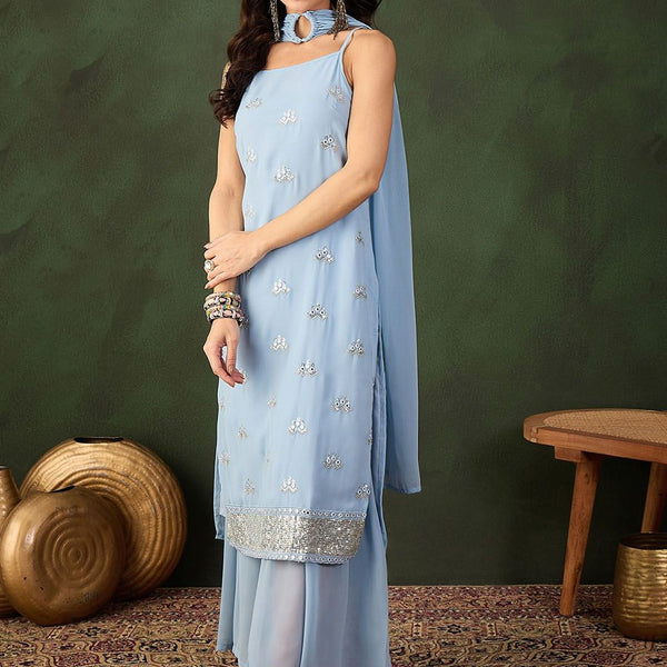 Sangria Sequined Straight Kurta & Sharara With Dupatta - Distacart