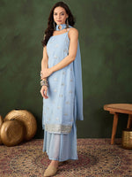 Thumbnail for Sangria Sequined Straight Kurta & Sharara With Dupatta - Distacart