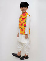 Thumbnail for Lil Drama Genda Phool White Kurta and Dhoti with Mustard Jacket Set for Boys