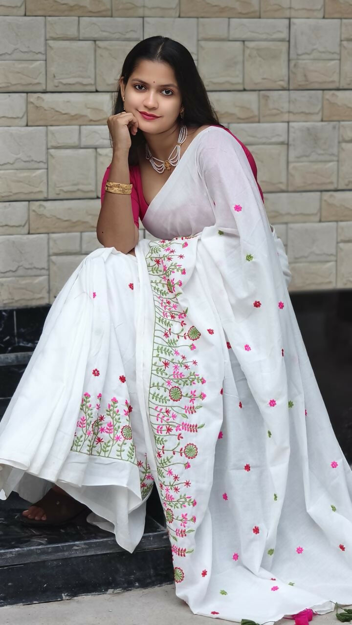 Exclusive Collection White Pure Cotton Handloom Embroidered Saree