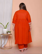 Thumbnail for Miravan Womens Plus Size Floral Embroidered Rust Straight Cotton Kurta & Palazzo With Dupatta Set - Distacart