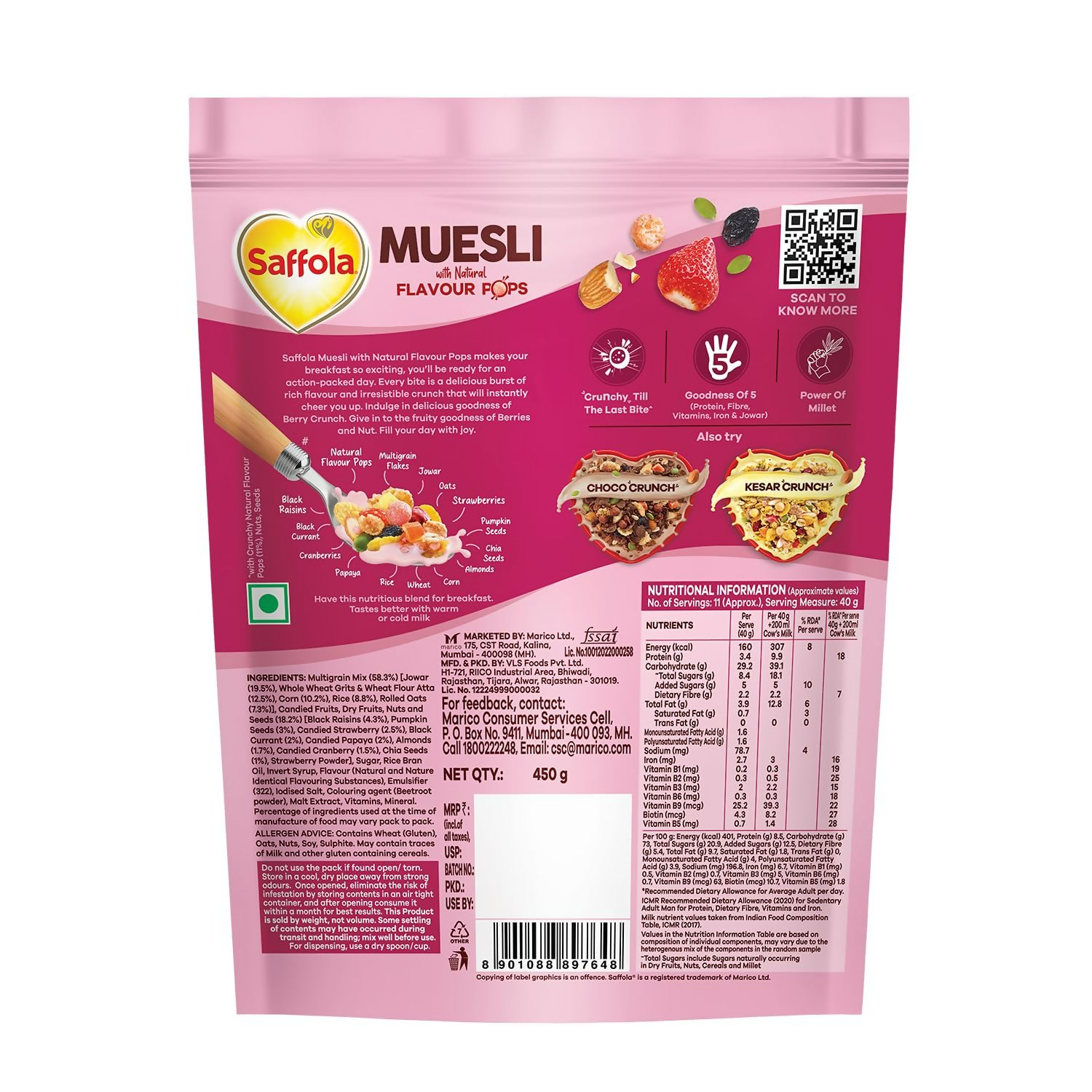 Saffola Muesli Fruit & Nut Berry Crunch with Flavour Pops - Distacart