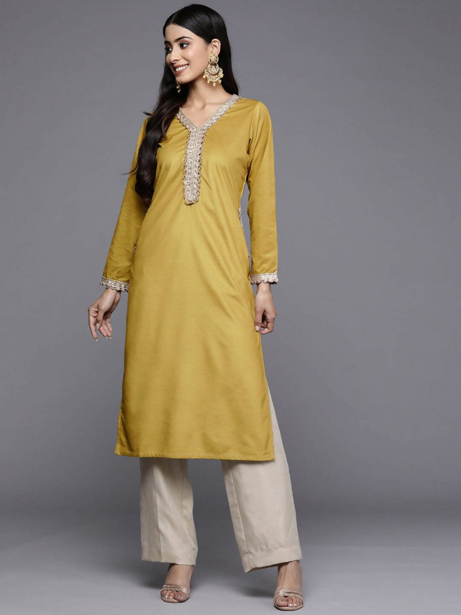 Ahalyaa Women Mustard Yellow & Golden Ethnic Motifs Yoke Design Velvet Kurta - Distacart