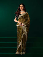 Thumbnail for Joban Fashion Mehendi Green Net Party Wear Sarees - Distacart