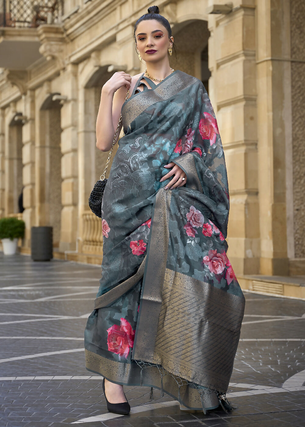 Lovely Navy Blue Polly Brasso Designer Saree - Emponline - Distacart