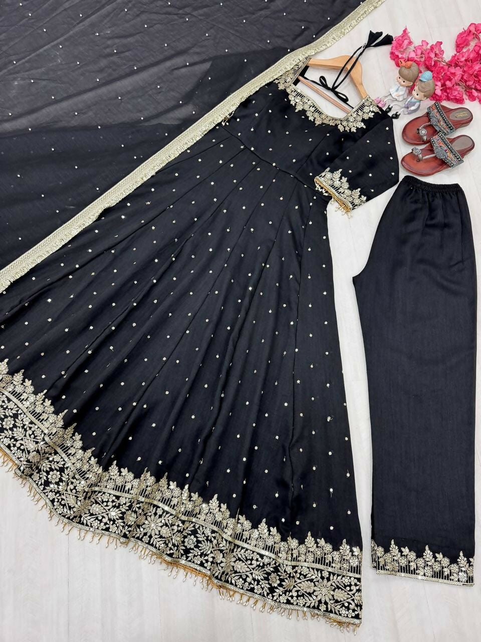 Teeya Creation Black Color Pure Vichitra Silk Embroidery Work Party Wear Gown