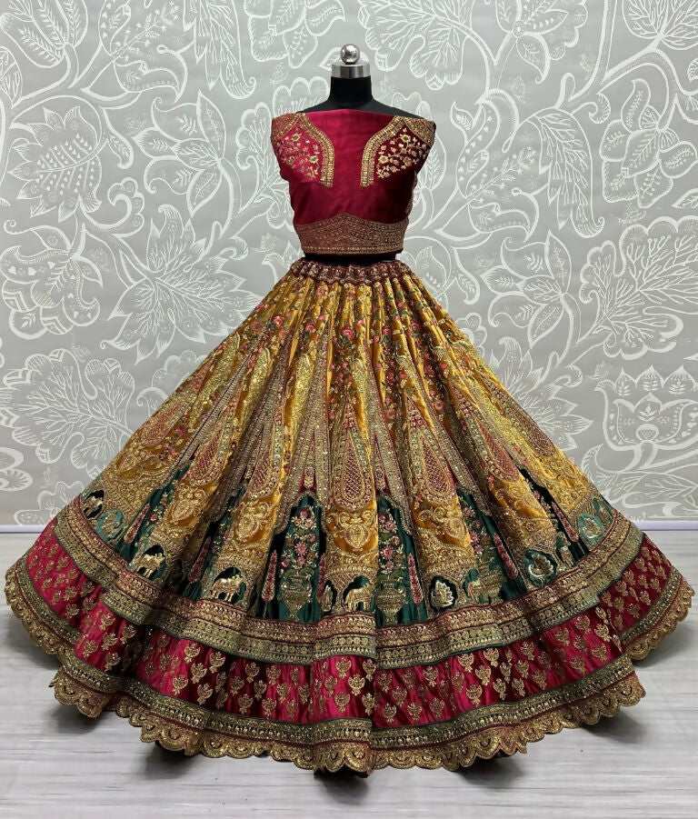 Jyoti Fashion Women's Mustard Velvet Multi Thread Embroidered, Patch Work with Zircon Diamond Wedding Lehenga Choli - Distacart