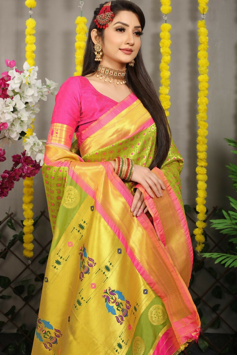 Jyoti Fashion Women's Green Banarasi Silk Zari Woven Saree with Blouse - Distacart