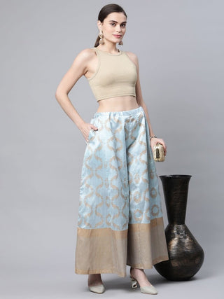Ahalyaa Womens Sky Blue Poly Silk Gold Foil Print Free Size Palazzo - Distacart