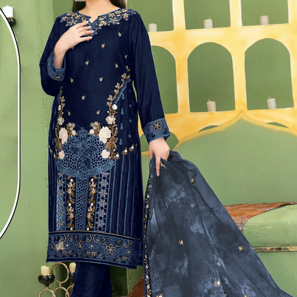 Anaita Navy Blue Velvet Suit with Embroidery Sequence Work
