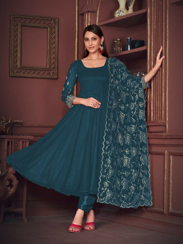 Jyoti Fashion Women's Rama Georgette Embroidered Anarkali Kurta Pant Set With Dupatta - Distacart