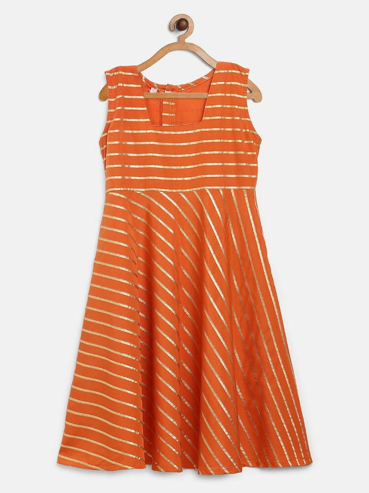 Ahalyaa Orange Crepe Gold Stripped Printed Kids Dress With Jacket For Girls - Distacart