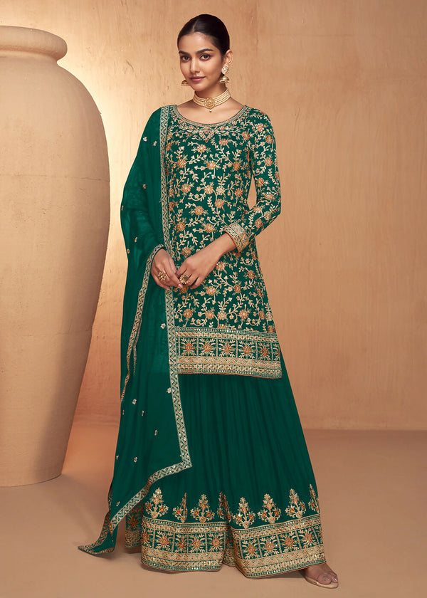 Green Real Chinnon Embroidered Wedding Festive Palazzo Suit - Emponline - Distacart