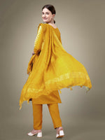 Thumbnail for Jyoti Fashion Women's Yellow Cotton Blend Embroidery & Sequence work Kurta with Trouser & Dupatta - Distacart