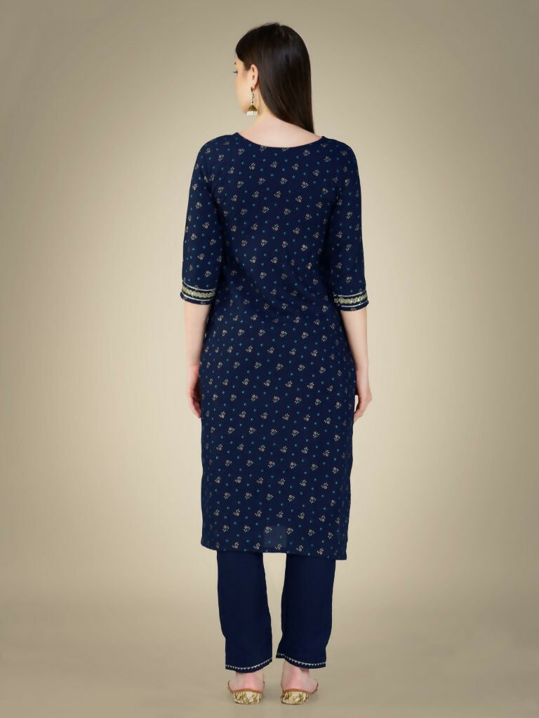Jyoti Fashion Women's Navy Blue Cotton Magic Slub Embroidery & Sequence work Kurta with Trouser & Dupatta - Distacart