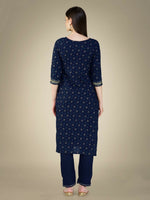Thumbnail for Jyoti Fashion Women's Navy Blue Cotton Magic Slub Embroidery & Sequence work Kurta with Trouser & Dupatta - Distacart