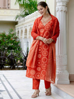 Thumbnail for The52 Orange Women's Gorgeous Rayon Embroidered Straight Kurta with Pant And Dupatta Set - Distacart