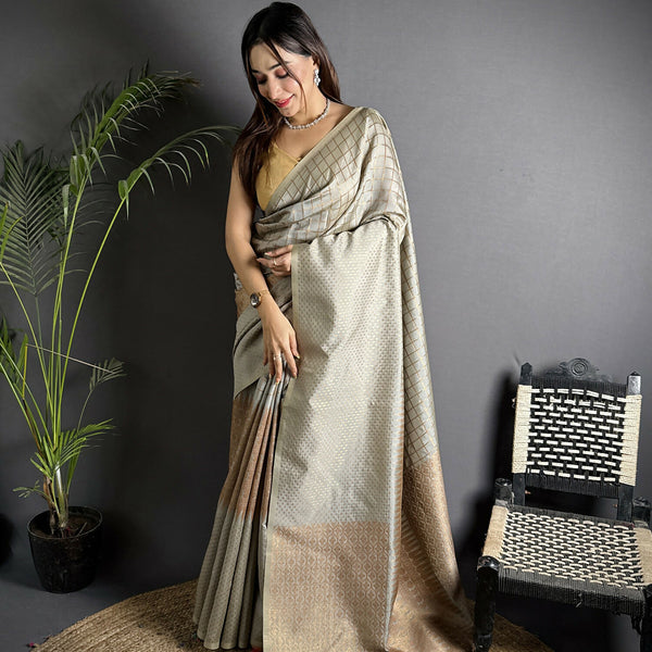 Joban Fashion Grey Banarasi Soft Lichi Silk Checks & Woven Saree