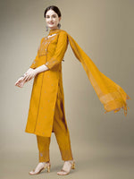 Thumbnail for Jyoti Fashion Women's Yellow Cotton Blend Embroidery & Fancy Lace work Kurta with Trouser & Dupatta - Distacart