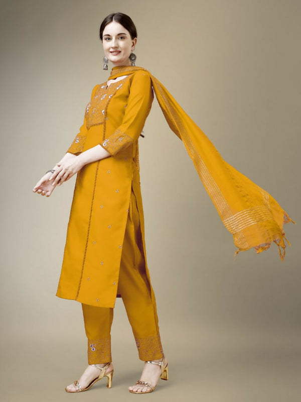 Jyoti Fashion Women's Yellow Cotton Blend Embroidery & Fancy Lace work Kurta with Trouser & Dupatta - Distacart