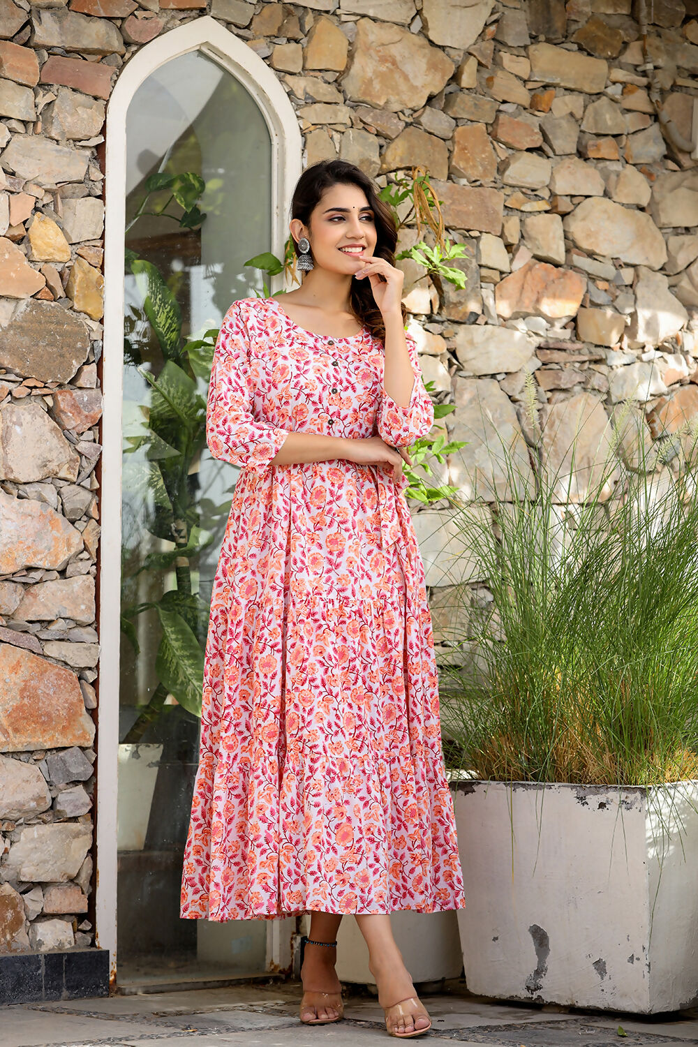 Kaajh Women's Orange Ethnic Floral Hand Block Print Cotton Dress - Distacart